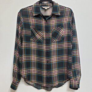 Decree Sheer Fall Plaid Button Front Top, sz S